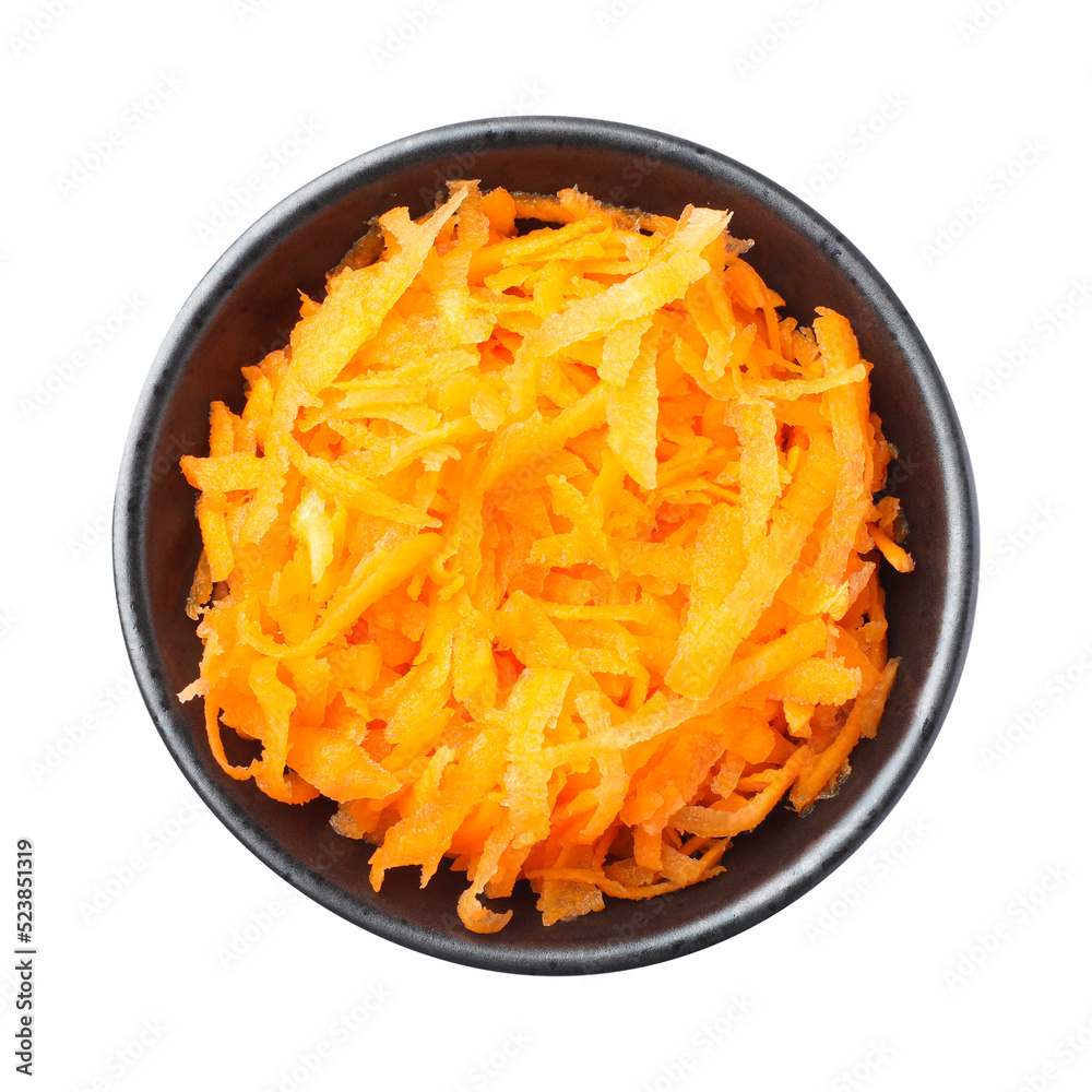 Fresh grated carrot in bowl isolated on white, top view Fresh grated carrot in bowl isolated on white, top view