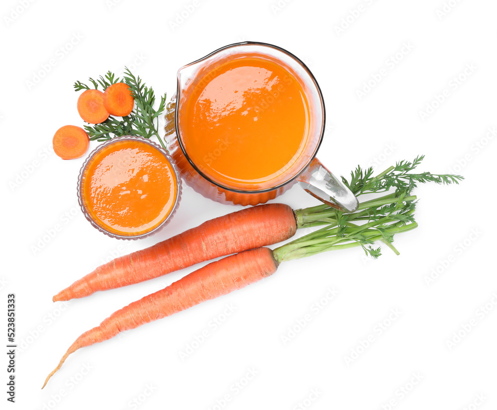Freshly made carrot juice isolated on white, top view Freshly made carrot juice isolated on white, top view
