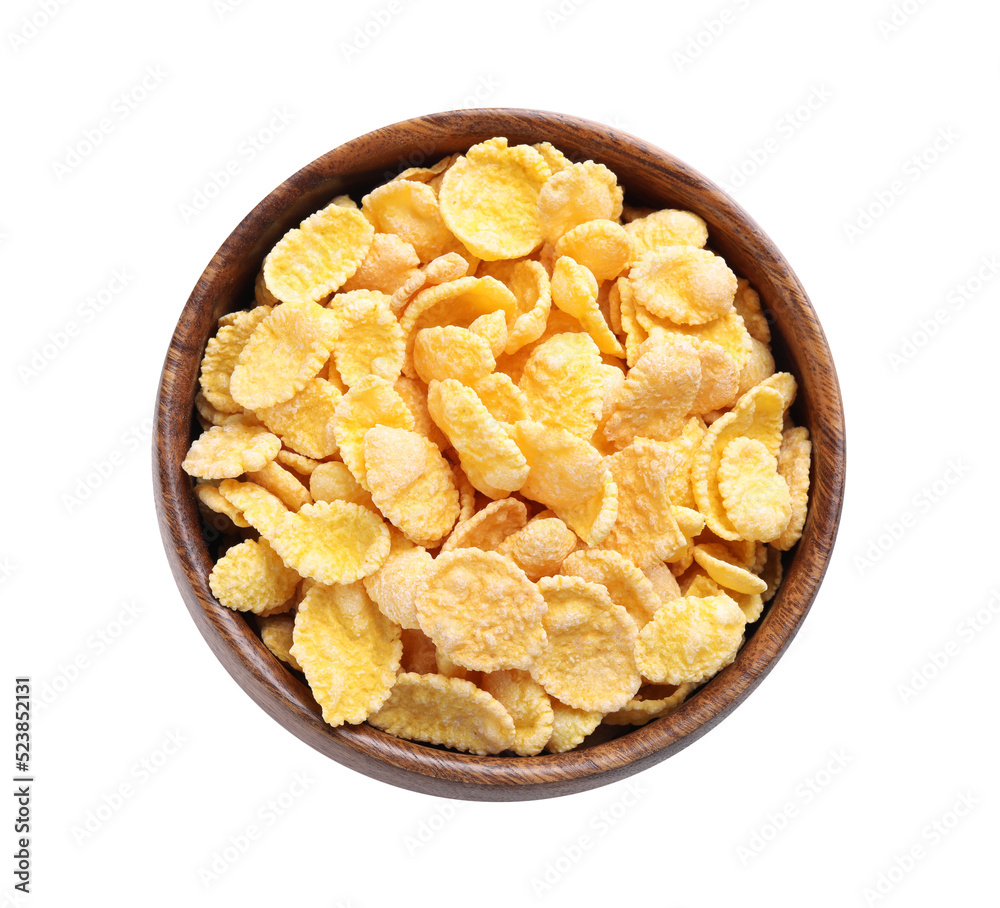 Bowl of tasty crispy corn flakes isolated on white, top view Bowl of tasty crispy corn flakes isolated on white, top view