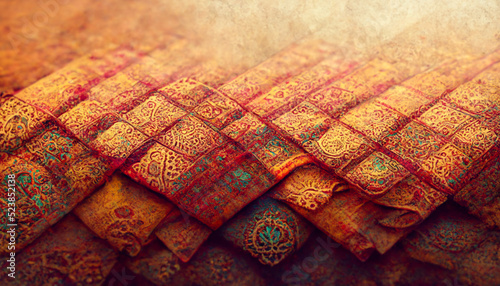 3D Render close up shot of indian fabric with colorful pattern. Abstract background.