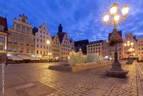 Wroclaw. Old medieval buildings in the market square at dawn.