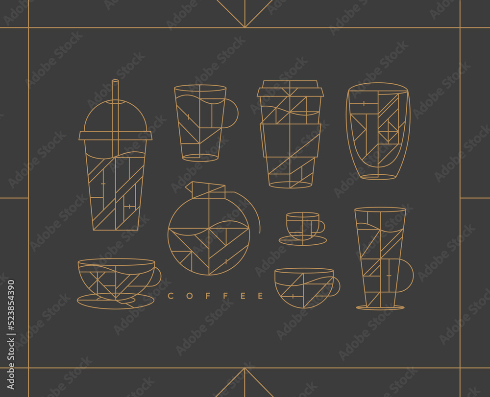 Set of creative modern art deco coffee cups in flat line style drawing on dark background.