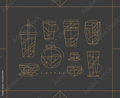 Obraz na płótnie Set of creative modern art deco coffee cups in flat line style drawing on dark background. w salonie