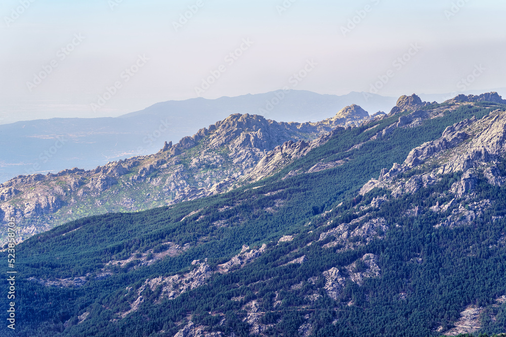 Panoramic view of the mountain range layered in the Community of Madrid, Spain.