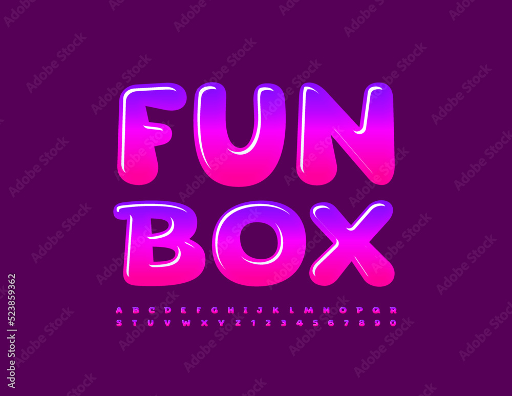 Vector cute template Fun Box. Gradient glossy Font. Trendy set of Alphabet Letters and Numbers