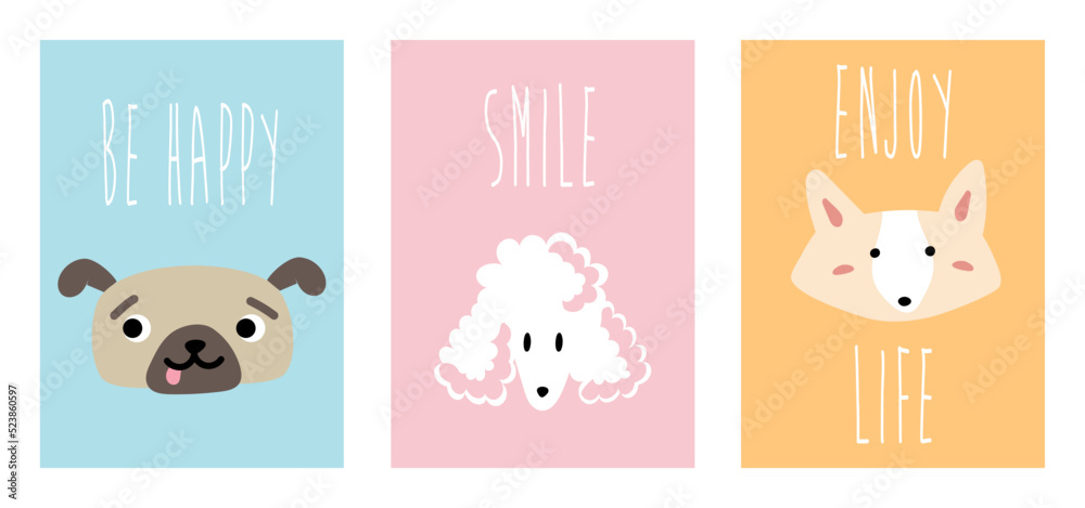 Obraz premium Stylish cards with funny corgi, poodle and pug. Postcards with motivating lettering. Vector greeting card with cute animals, print for factory textiles.
