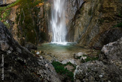 Alpine Waterfall Sopota and its Lagoon near Ljubinj  Tolmin Slovenia