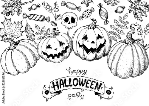 Halloween Pumpkin sketch frame illustration. Hand drawn vector illustration. Jack o Lantern. Vintage design for the holiday Halloween. Design elements