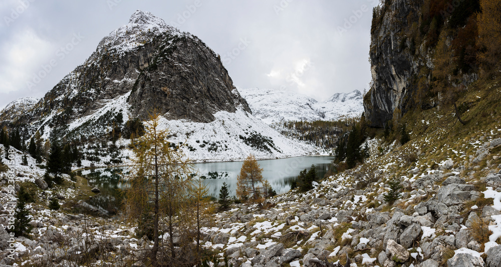 Great Lake of Krn in Autumn Colours and Snow Panorama - Slovenia