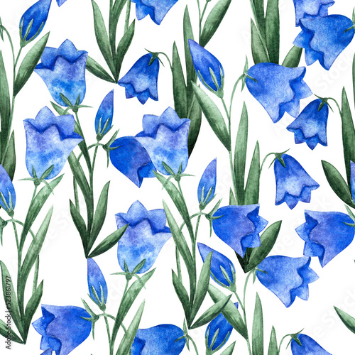 Watercolor hand drawn seamless summer floral pattern with many blue colored bluebell flowers on white background. Aquarelle spring botany design element.