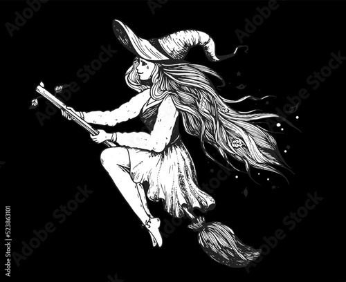 Halloween witch illustration. Girl flying on broomstick. Hand drawn vector illustration. Young woman on broom sketch. Halloween young witch.