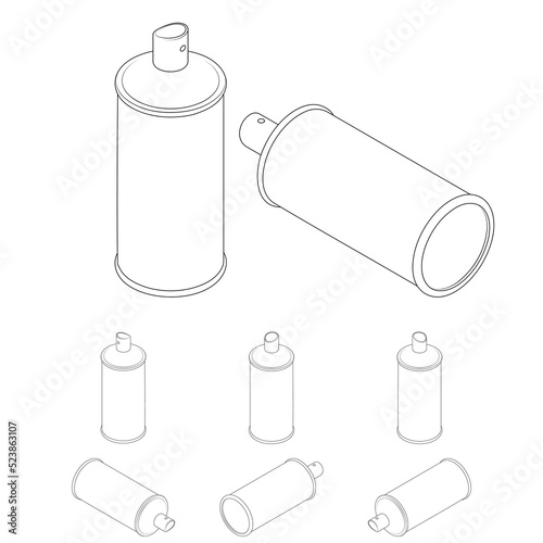 Line cartoon isometric paint can. Set for games. Drawing graffiti on the walls. Compressed air in a jar, spray, aerosol. Vector illustration in cartoon and game style.