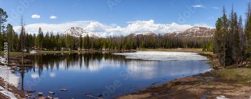 Lake surrounded by Mountains and Trees in Amercian Landscape. Spring Season. Uinta-Wasatch-Cache National Forest, Utah. United States. Nature Background Panorama