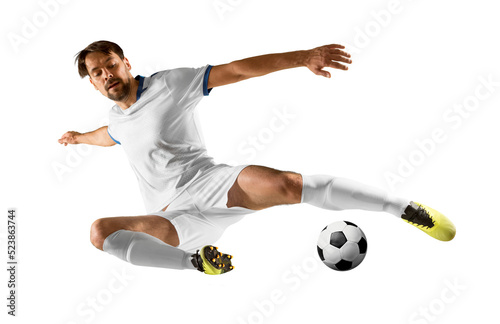Fototapet Soccer player in action on white background
