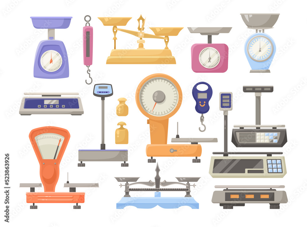Different scales for store or kitchen vector illustrations set. Cartoon  drawings of weighers or instruments for measuring weight, digital weighing  scale. Balance, equality, measurement concept Stock Vector | Adobe Stock