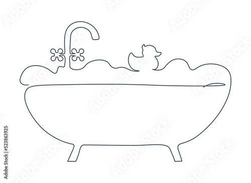 Foam bath in single continuous line. Bathtub with rubber duck one line. Bathtub silhouette in minimalist style. Flat vector illustration isolated on white background.