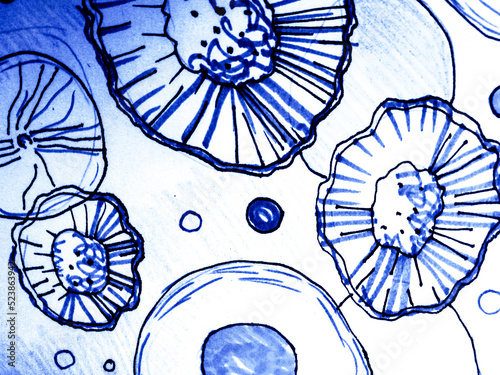 Virus Illustration. Sky Immune Cells Cancer. Biology Virus. Sea Cancer Gene. Cartoon Germ. White Clear Cells. Indigo Watercolor. Bacteria Funny. photo