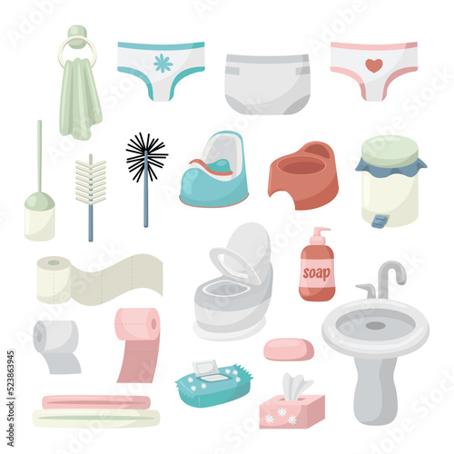 Toilet elements for children training vector illustrations set. Collection of cartoon drawings of potty, diapers, soap, toilet paper isolated on white background. Hygiene, baby care, childhood concept