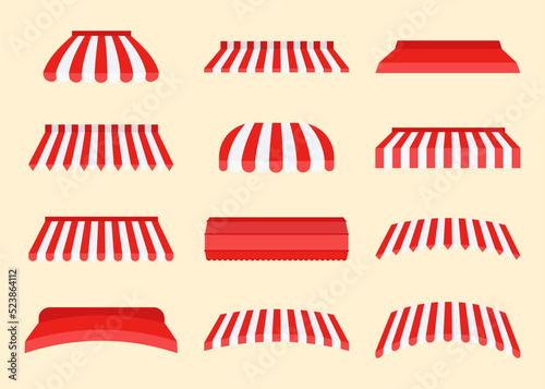 Canopies or awnings of different shapes vector illustrations set. Roof of shop or shelter with stripes, street restaurant, cafe or store tent isolated on white background. Shopping, exterior concept