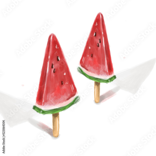 ice cream in the form of a watermelon on a stick. White background. Watermelon slice illustration 