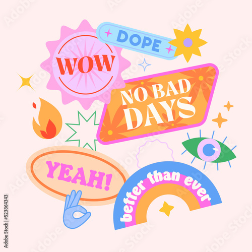 Vector set of cute funny patches and stickers in 90s style.Modern icons or symbols in y2k aesthetic with text.Trendy kidcore designs for banners,social media marketing,branding,packaging,covers