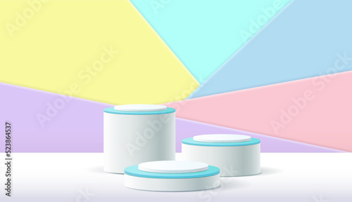 Abstract 3D cylinder pedestal podium with pastel minimal wall scene and shadow. Modern vector rendering geometric platform for cosmetic product display presentation.