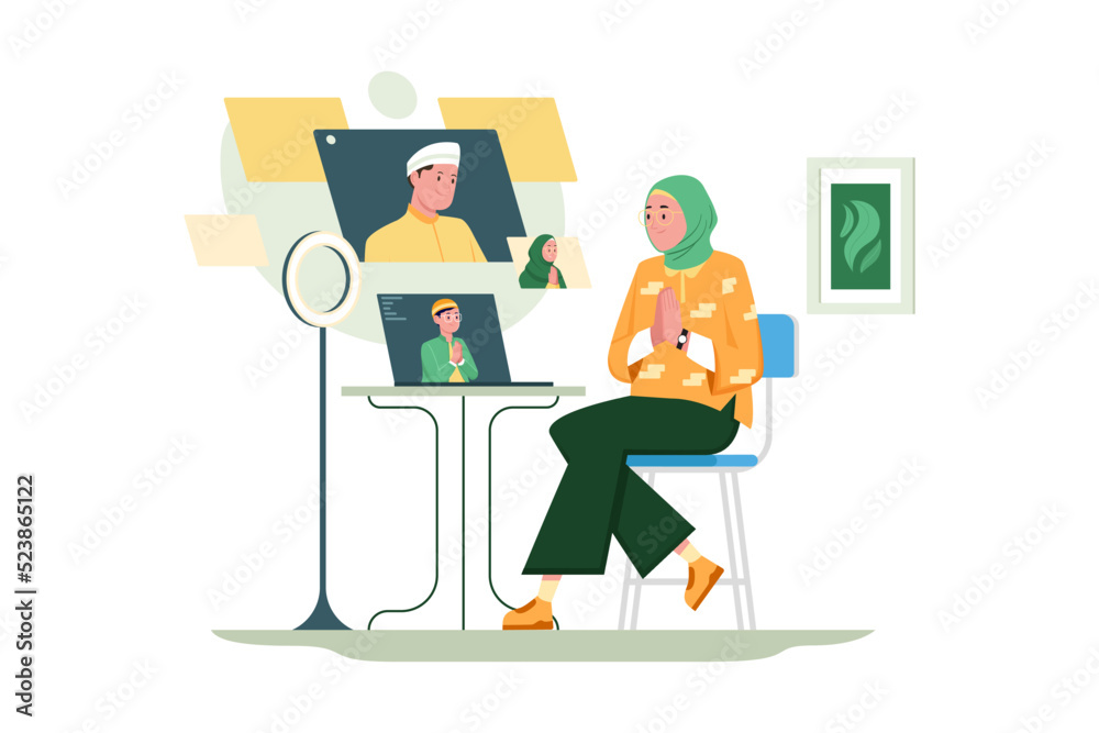 Muslim Women Celebrate Eid in Online Video Call in a flat style vector illustration