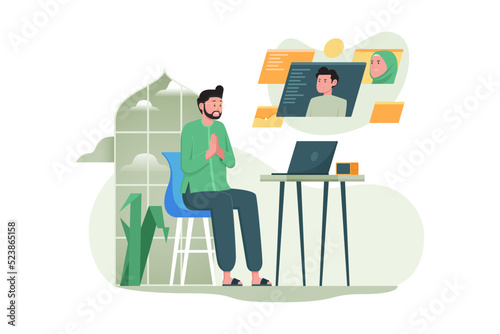 Muslim Men Celebrate Eid on Online Video Call in a flat style vector illustration
