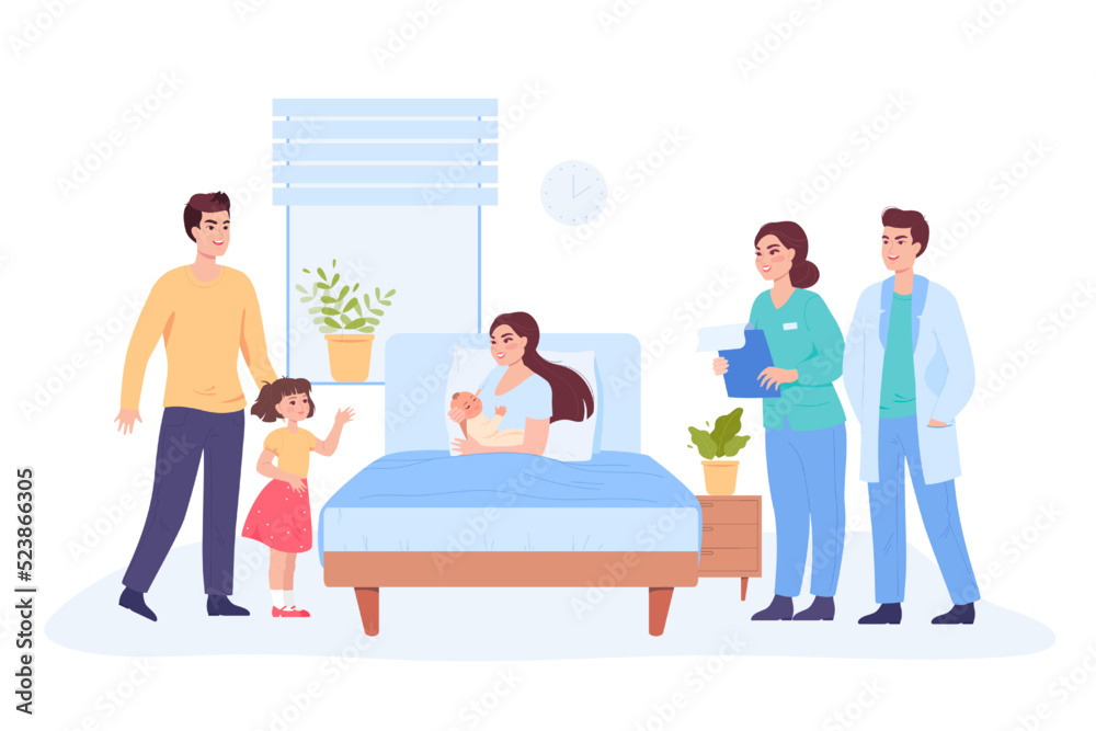 Happy mother holding newborn baby in medical room. Delivery process, woman in hospital bed with new born child flat vector illustration. Family, pregnancy, maternity, childbirth concept for banner