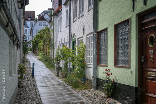 Flensburg old town  typical narrow alley between small city houses with roses on the facades in the cobblestones  tourist destination  selected focus