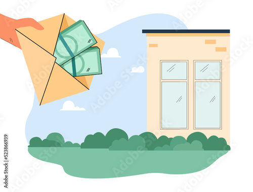 Huge hand holding envelope with money in background of house. Person buying real estate flat vector illustration. Purchase, finance, investment concept for banner, website design or landing web page