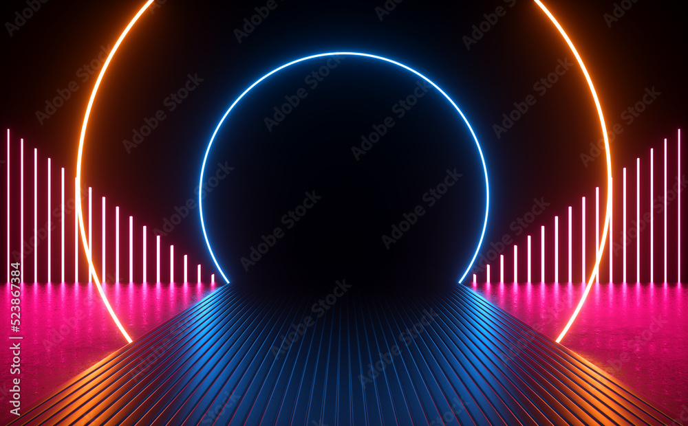 Fototapeta premium 3d Rendering Modern Minimal Empty Space Circle Neon Glowing Vibrant Electric Sci Fi Futuristic Abstract Illustration