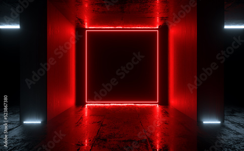 Modern Sci Fi Futuristic Red Rectangle Laser Neon Light Glowing Cement Corridor Hallway Perspective 3d Rendering Illustration