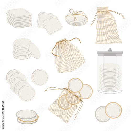 Reusable cotton makeup remover vector illustrations set. Cotton pads for ecological lifestyle, eco friendly beauty product isolated on white background. Zero waste, hygiene, ecology, skin care concept