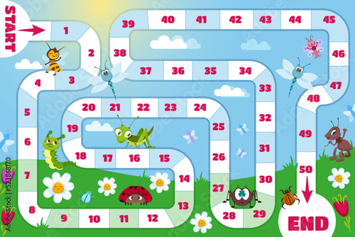 Family board game for children. Kids play boardgame with path and numbers on green meadow, start and finish sign, flowers, bugs, ant, ladybug and grasshopper. Cartoon vector illustration. photo