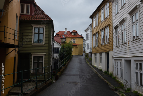 Idyllic small street  Knosesmauet  with colorful traditional wooden houses  Bergen  Norway