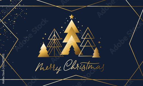 Merry Christmas Luxury design template with abstract geometric shapes and golden trees. Elegant holiday vector illustration for invitation, banner, greeting card, party, certificate, celebration event