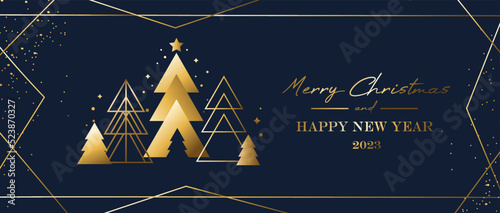 Merry Christmas Luxury design template with abstract geometric shapes and golden trees. Elegant holiday vector illustration for invitation, banner, greeting card, party. Navy and gold Xmas template