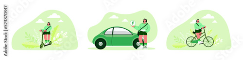 Electric transportation illustration set. Characters driving electric car, bike, scooter. Eco friendly vehicle concept. Vector illustration.