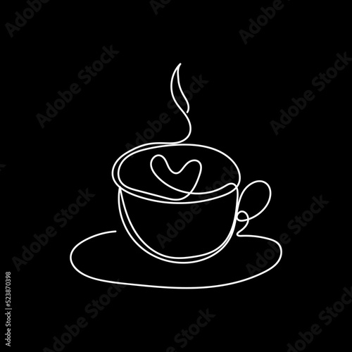 Cup of coffee with heart simple one line art design. Coffee continuous line design vector illustration. Coffee sign for logo, tattoo, print, poster, menu, cafe, restaurant etc. Simple trendy design