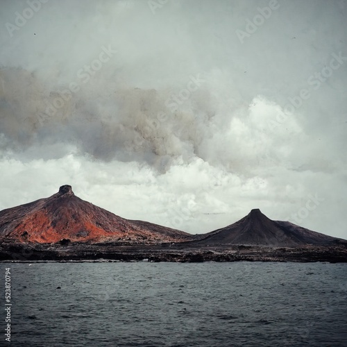A 3D Illustration of a volcanic eruption of a volcano on the island with the lake © Ibnu