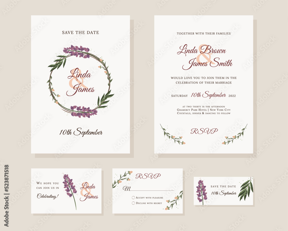 Watercolor wedding invitation card template in rustic style. RSVP card.