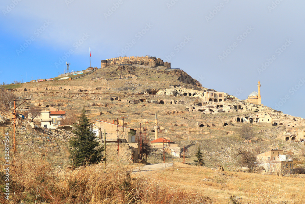 Cityscape and Nevshehirskaya Fortress Kayasehir in Nevsehir city, Cappadocia, Turkey	
