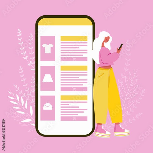Woman doing shopping online with mobile phone, buying clothes on sale. Buyer using smartphone, making purchases through internet at home. Flat vector illustration isolated on white background