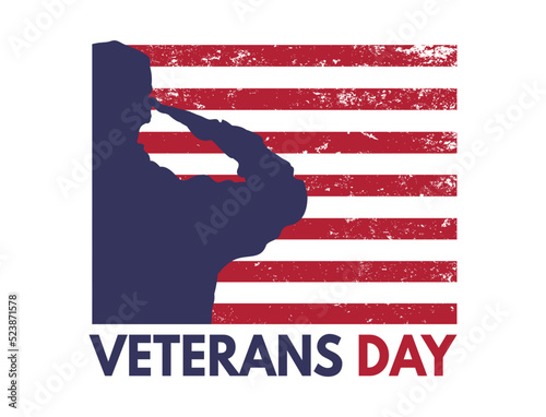 Veterans day, saluting soldier on the background of the flag