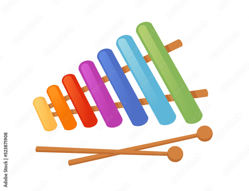 vector flat Illustration of cheerful xylophone isolated on white backdrop.  child music performance, rainbow cartoon musical percussion instrument,  happy fun game, kid entertainment. drum wood sound Stock Vector | Adobe  Stock