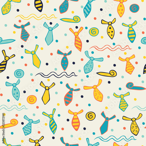 Multicolored hand drawn doodle pattern with ties. Includes polka dot, stripe and swirl ties in blue, yellow and red, plus doodle elements such as circles and swirls