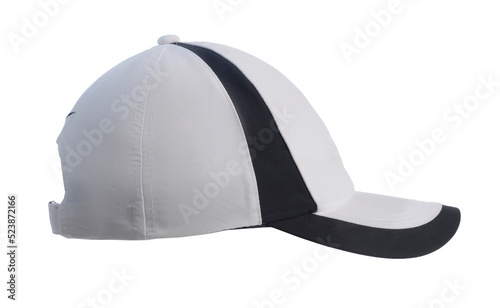 Side view of white Baseball cap isolated in transparent png format