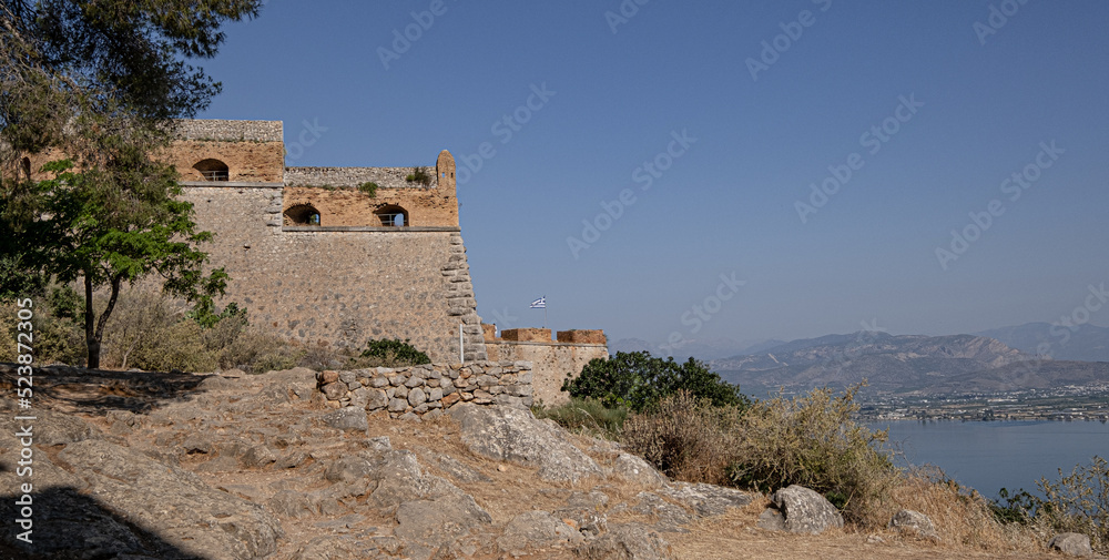 The Castle of Palamidi, the best well-maintained huge castle, the Venetian fortifications architectural masterpice, located in Nafplio on the crest of a 216m cliff, Argolis, Peloponnese, Greece