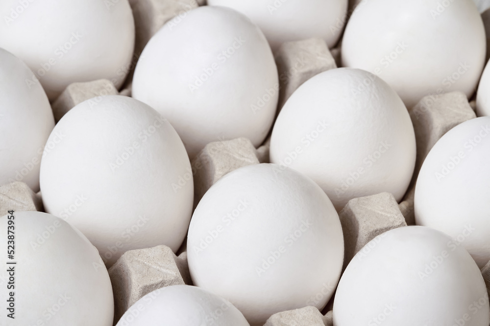 Close-up of Cardboard tray with white chicken eggs Close-up of Cardboard tray with white chicken eggs